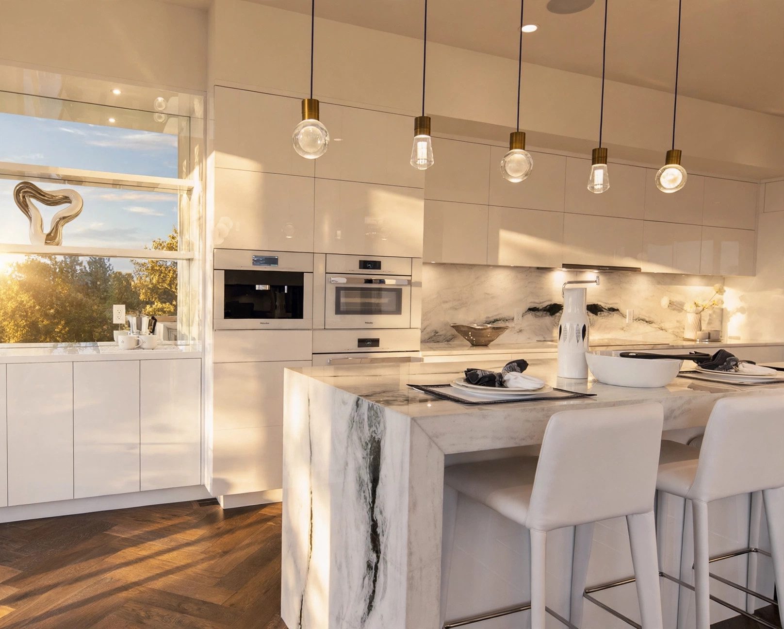 Bright white kitchen with marble island and warm sunset light